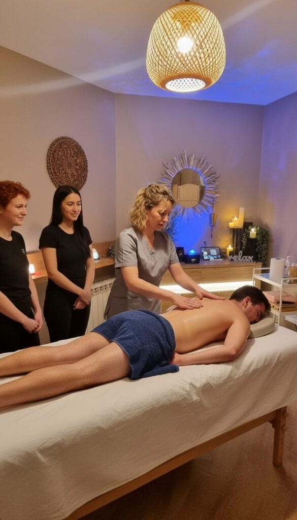 Beginner and professional students learning classic massage techniques at Emerald Spa in Kraków